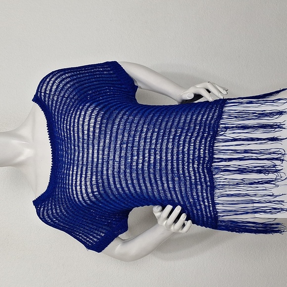 Etc. Sapphire Blue Bohemian Long Fringe Western Sheer Open Knit Sweater Size L - Picture 1 of 10